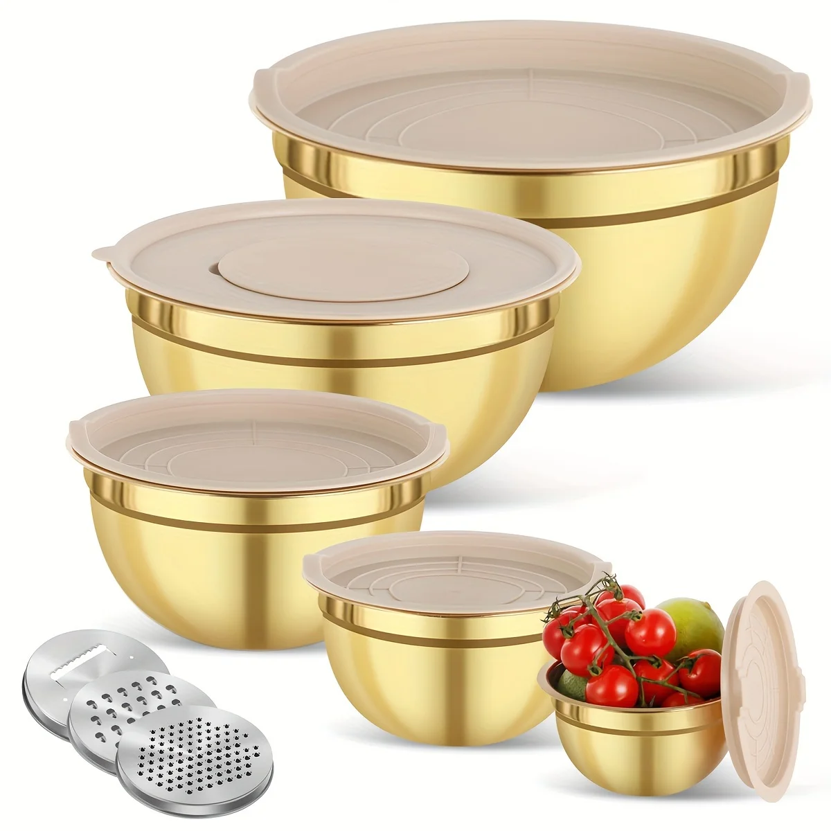 Camping Cooking Pan Set - 10-piece gold stainless steel mixing bowl