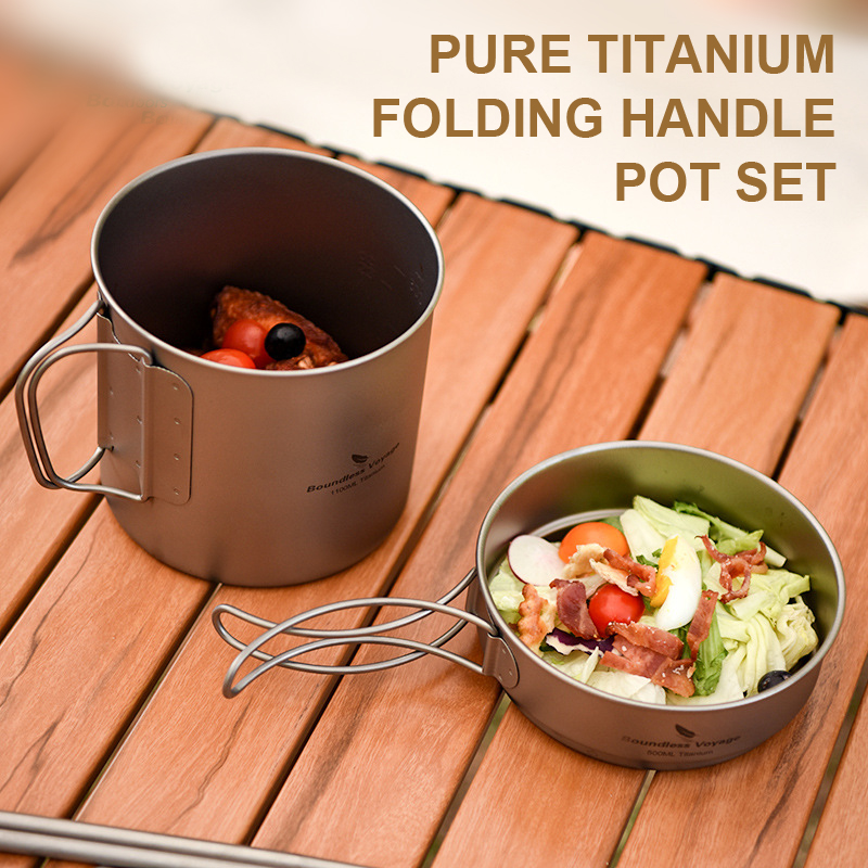Camping Cooking Frying Pan - Pure Titanium Folding Handle Pot Set,Ultra